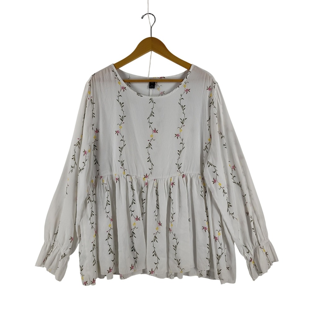 Shein Curve Womens 3XL White Floral Babydoll Blouse Long Sleeve Ruffle Cuff Top